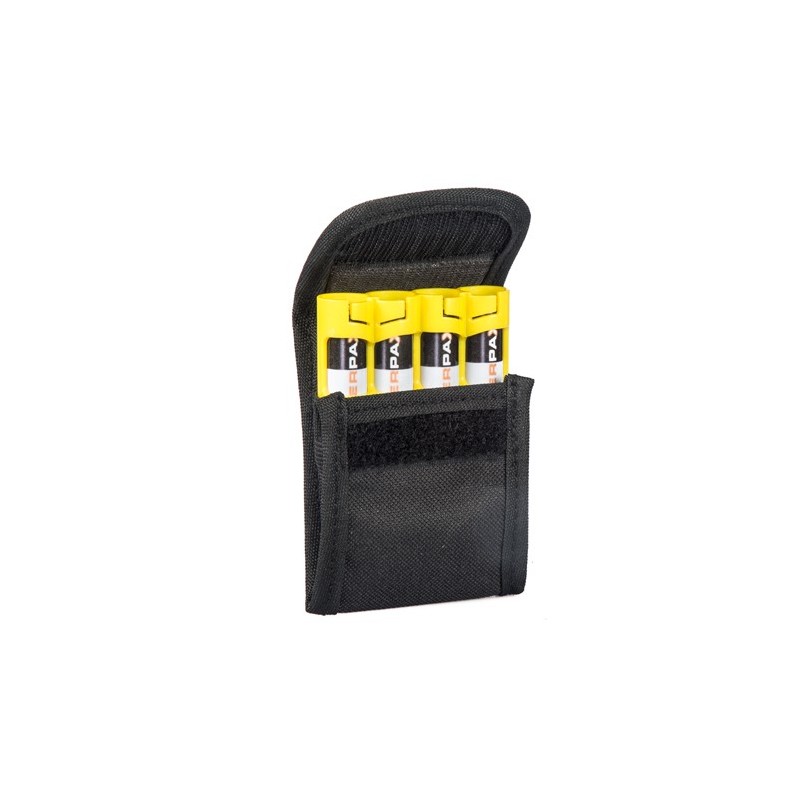 Storacell Powerpax Pouch view of open pouch showing Velcro closure and  containing a Storacell Slimline AA battery caddy